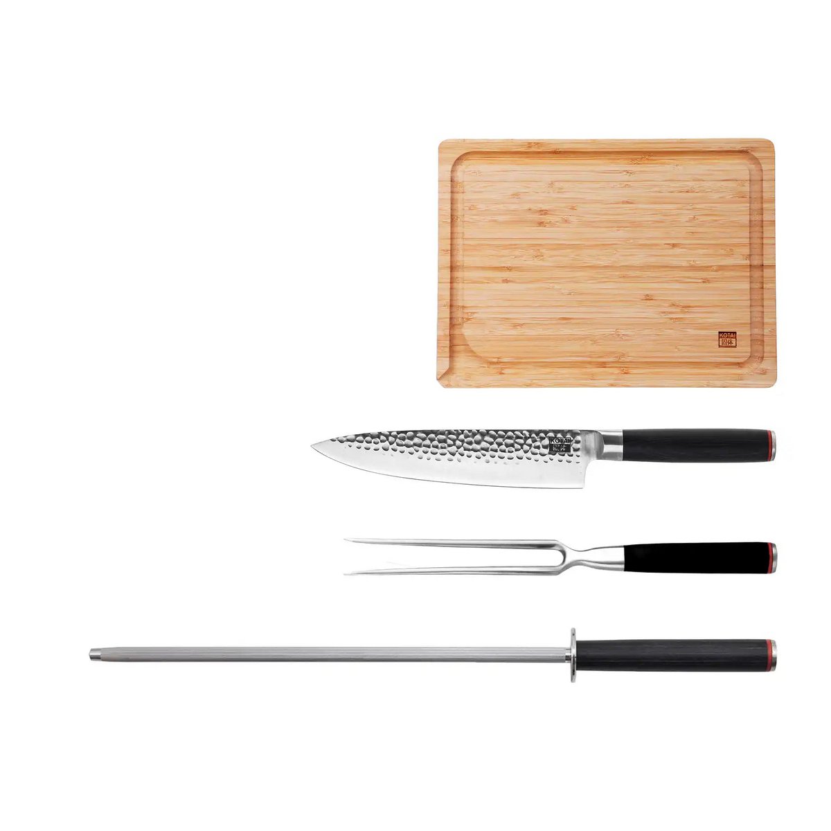 Messen- en Keukenaccessoireset - The BBQ Set Deluxe: Gyuto (koksmes) + vleesvork + aanzetstaal + bamboe snijplank