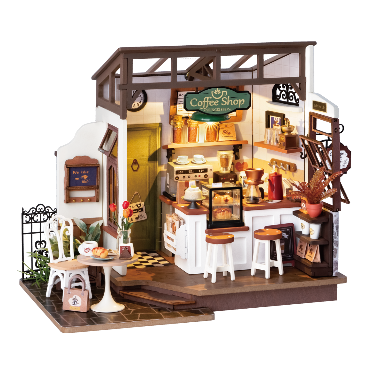 DIY Huisje Slow Life Café met LED verlichting, Robotime, DG162, 25x15x19,5cm