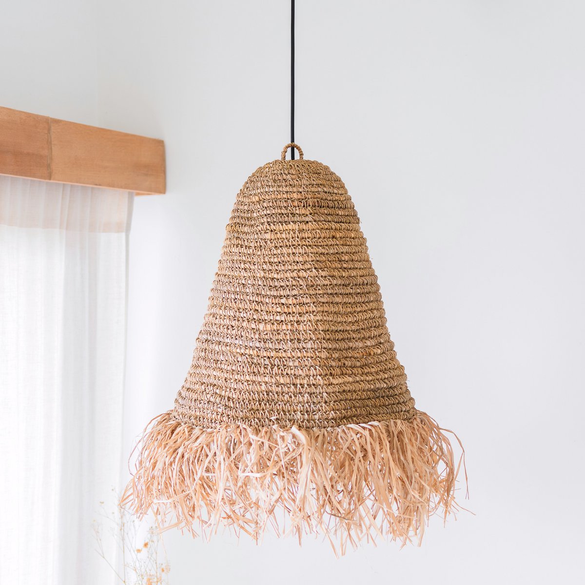 Raffia Boho Lampenkap – Hanglamp – Hanglamp – Handgeweven Plafondlamp met Lange Franjes (3 maten Ø 30/40/50 cm) KALIMA