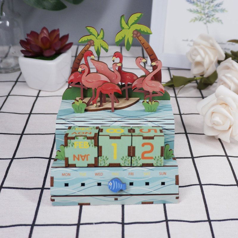 DIY Houten Puzzel Kalender, Pink Flamingos, Tone-Cheer, TQ001, 10,4x8,9x13,5cm