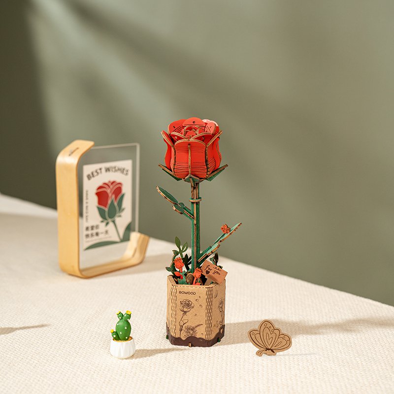 DIY Houten Bloem Red Rose, Rode Roos, Robotime, TW042, 8,5x6,5x21cm