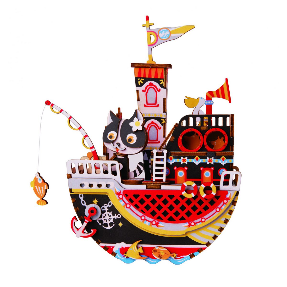 Muziekdoos Hout DIY 3D Puzzel Fishing Kitty, Robotime, AMD42, 18×8,3×18,9 cm