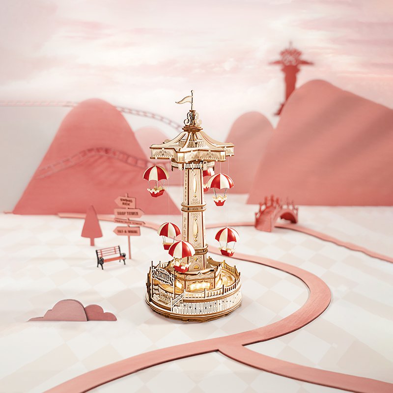 Muziekdoos Hout DIY Parachute, Robotime, EA01, 14x14x30cm