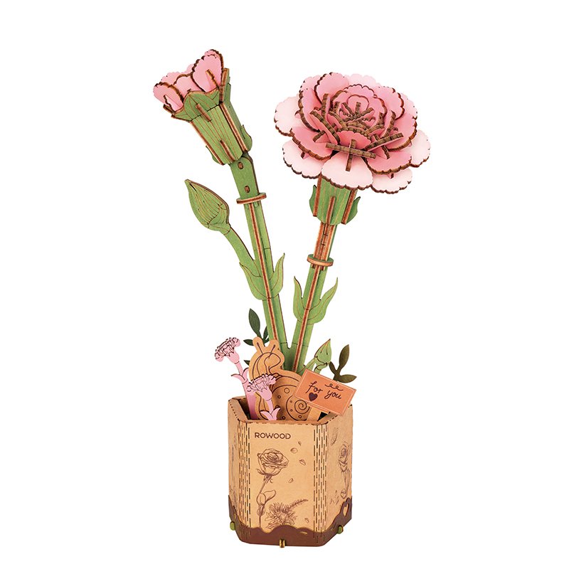 DIY Houten Bloem Pink Carnation, Roze Anjer, Robotime, TW051, 12x7x29cm