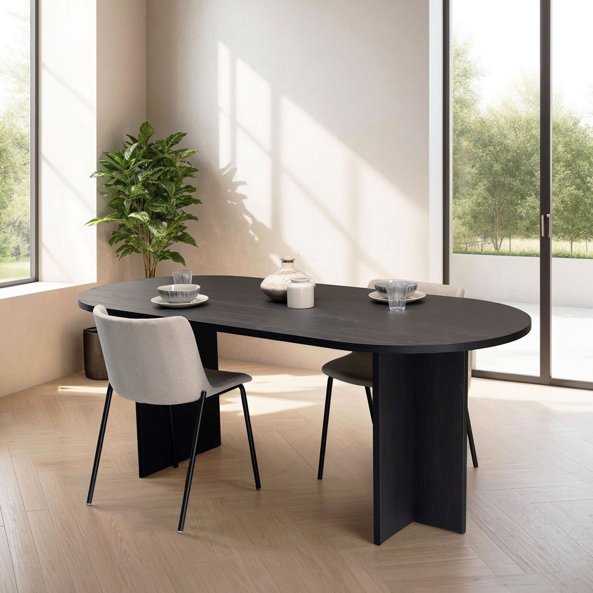 Ovale Eettafel Noa 200 x 90cm, kleur zwart eiken