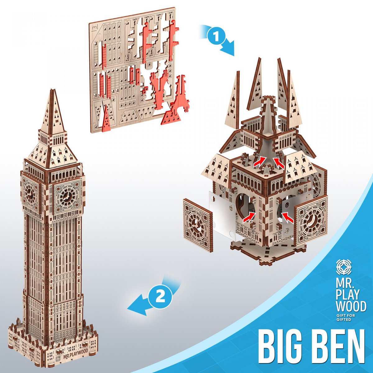 Mr. Playwood 3D Houten Puzzel, Big Ben, 10407, 9,5x9,5x36cm
