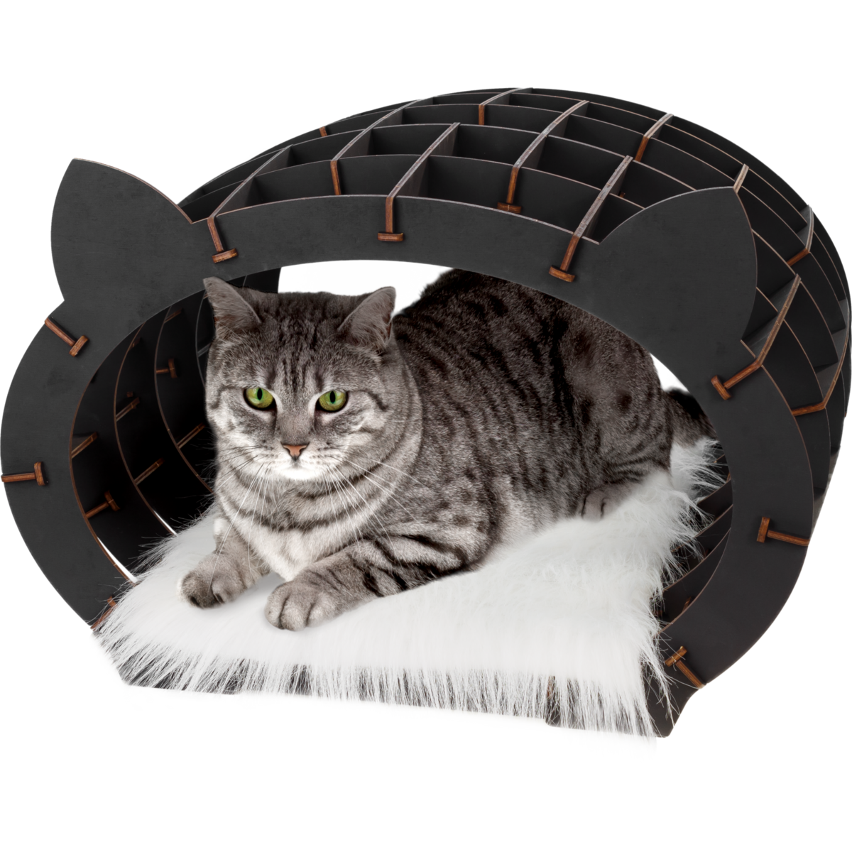 EWA 3D Bouwpakket Houten Huisje Zwart voor uw Kat met Wit Pluche Vachtje, 1737, 48x36,2x45,6cm