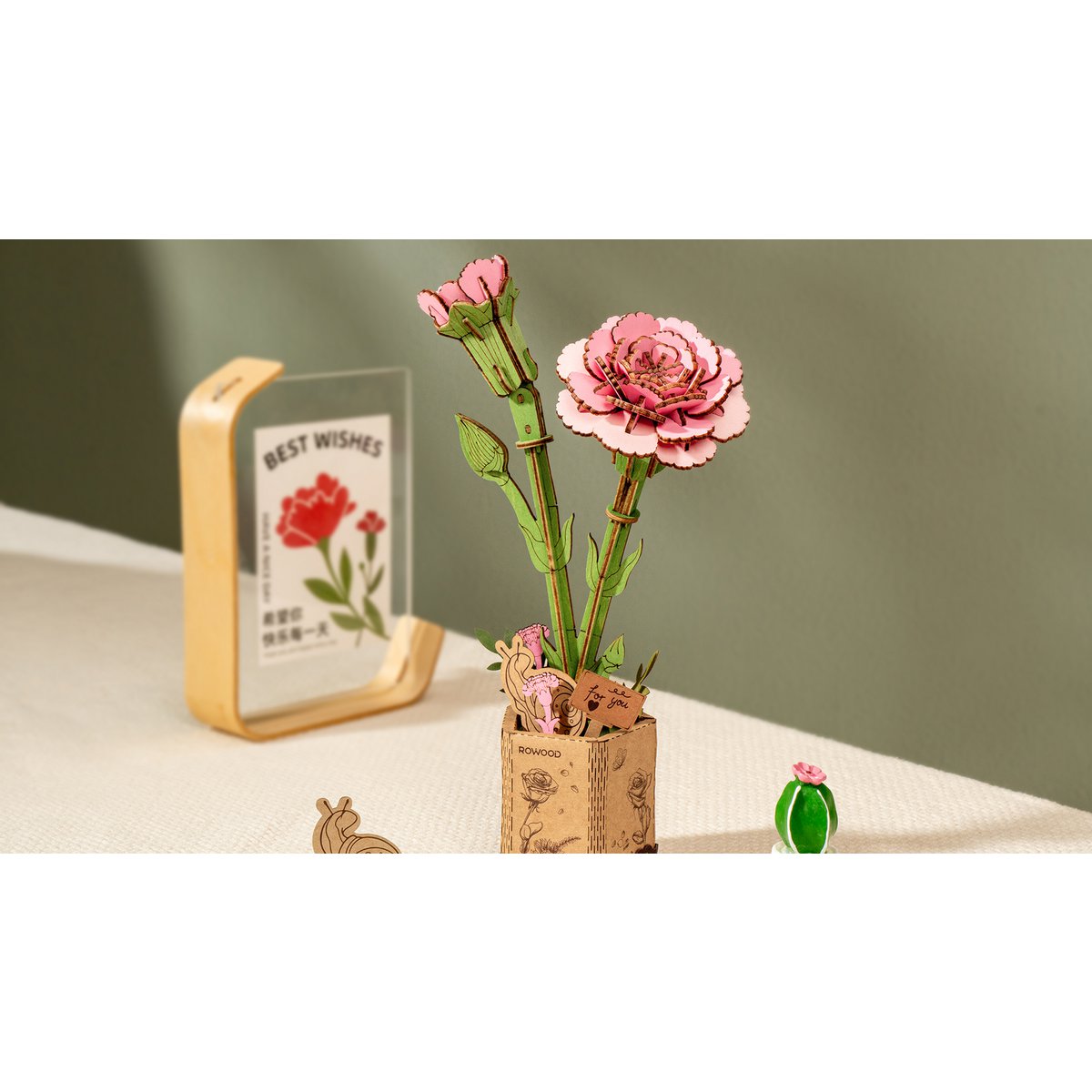 DIY Houten Bloem Pink Carnation, Roze Anjer, Robotime, TW051, 12x7x29cm