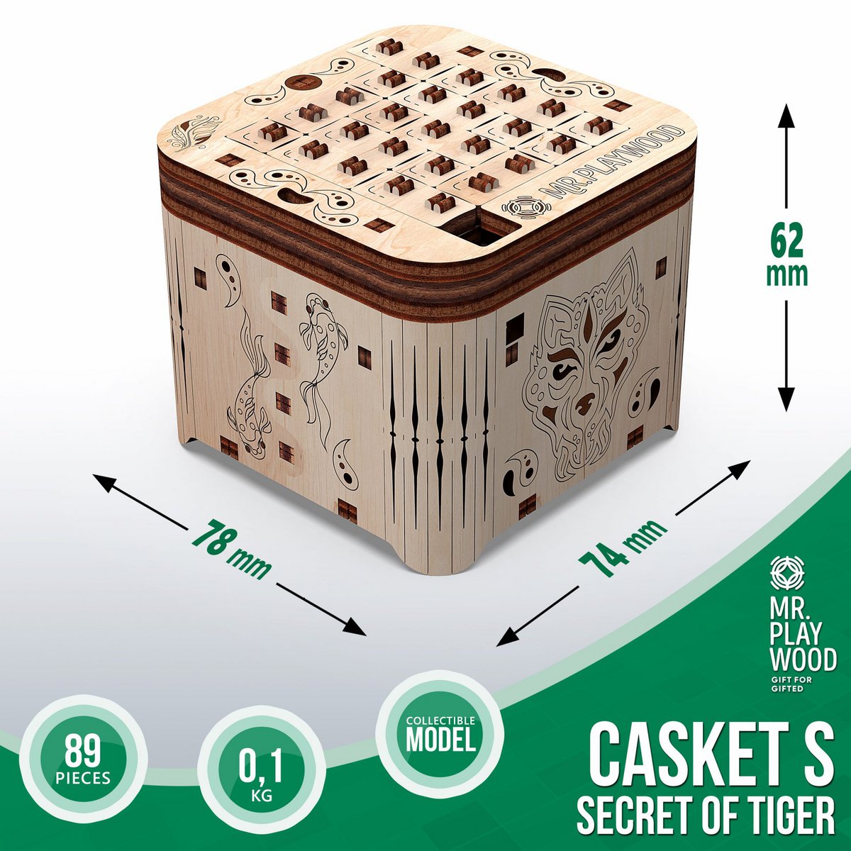 Mr.Playwood 3D Houten Puzzel Secretbox Tiger, 10606, 7,4x7,8x6,2cm