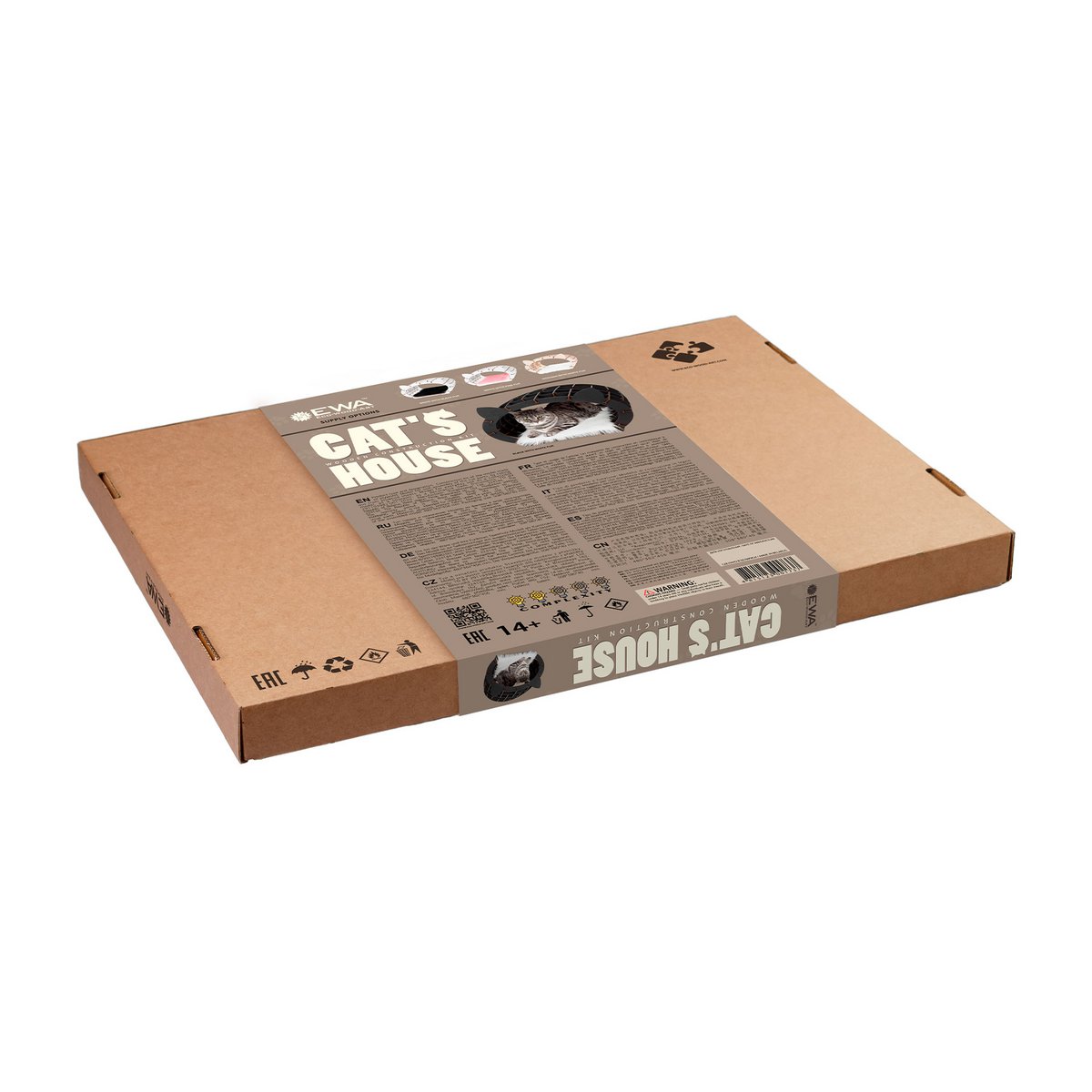 EWA 3D Bouwpakket Houten huisje Wit met Zwart Pluche Vachtje, 1744, 48x36,2x45,6cm