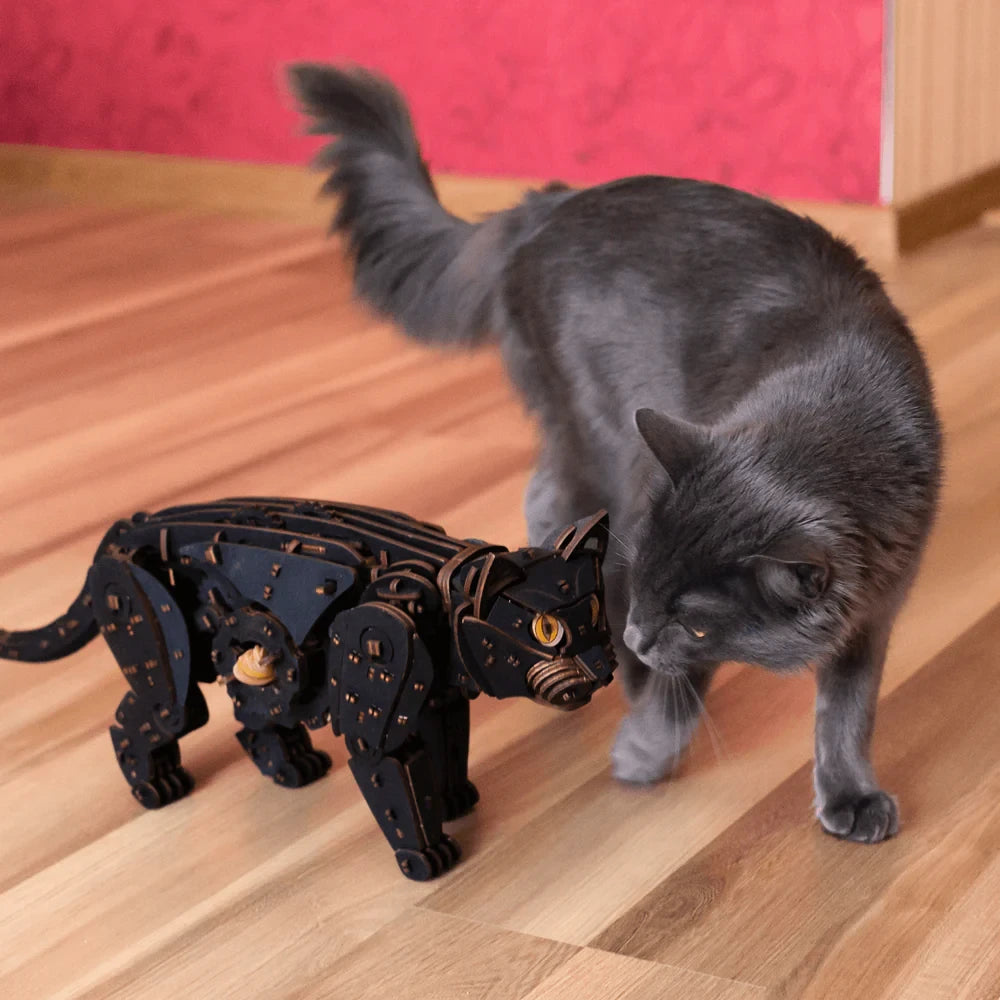 3D Houten Puzzel Mechanische Wilde Zwarte Kat/ Wild Black Cat, Eco Wood Art, 598, 47,6x11x18,9cm