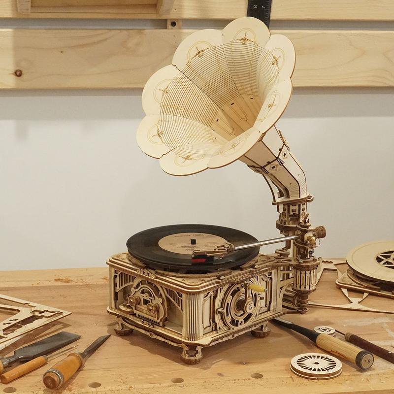Houten Puzzel 3D Classical Gramophone Electrisch en Mechanisch, Robotime, LKB01D, 22,6x26,1x42,9cm
