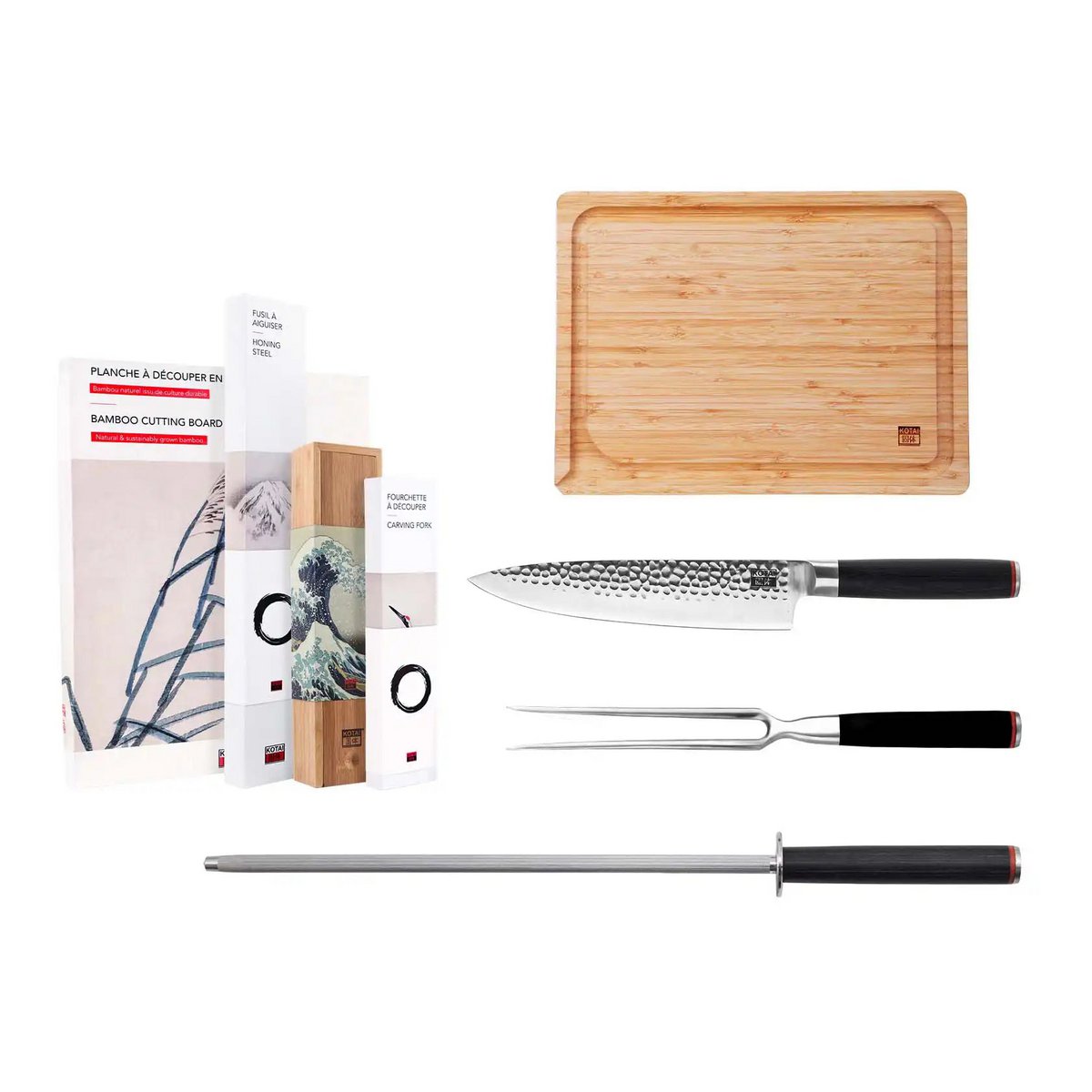 Messen- en Keukenaccessoireset - The BBQ Set Deluxe: Gyuto (koksmes) + vleesvork + aanzetstaal + bamboe snijplank