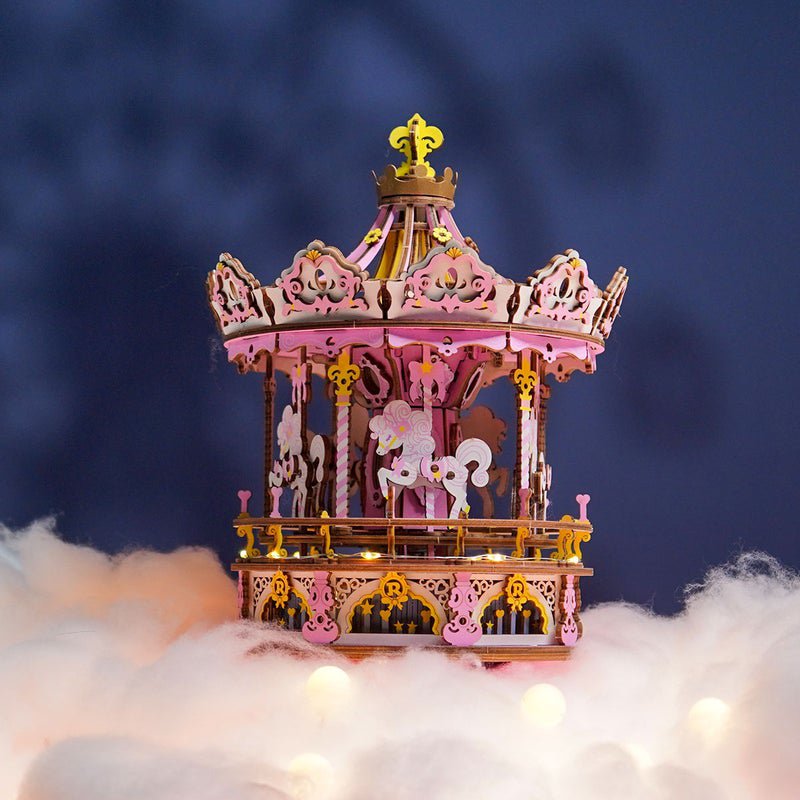 Muziekdoos Hout DIY 3D Puzzel Romantic Carousel Dream Version met LED, Robotime, AMK62J, 23,5x17x17cm