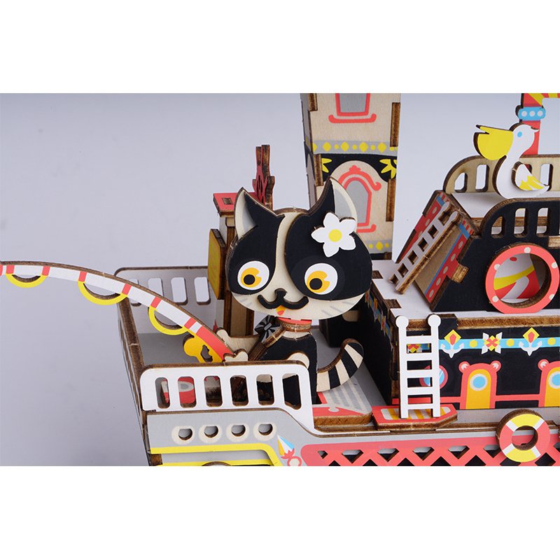 Muziekdoos Hout DIY 3D Puzzel Fishing Kitty, Robotime, AMD42, 18×8,3×18,9 cm