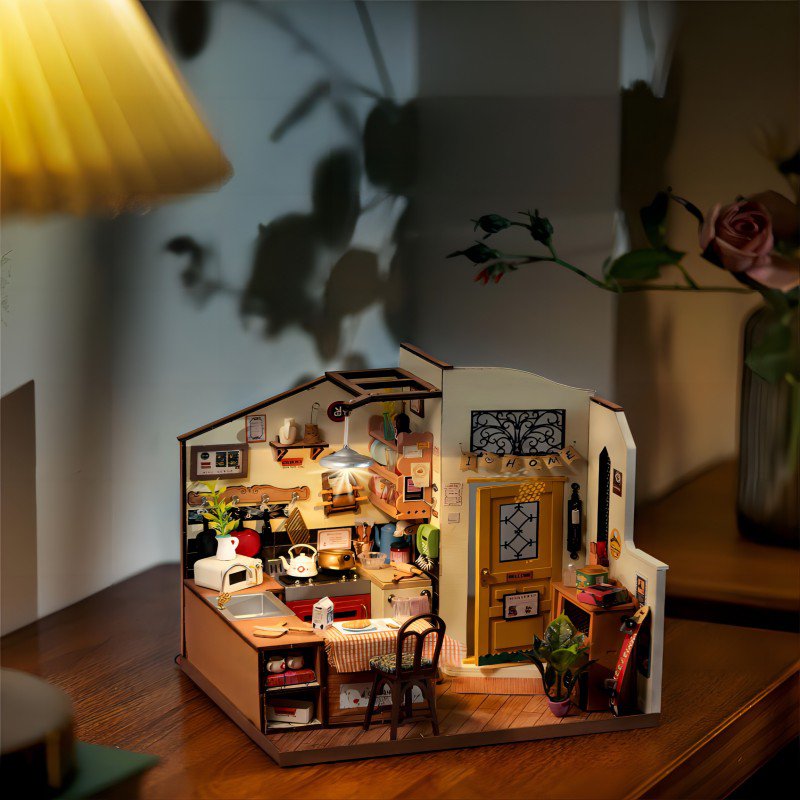 DIY Huisje Homey/Cozy Kitchen met LED verlichting, Robotime, DG159, 19x17,1x18,5cm