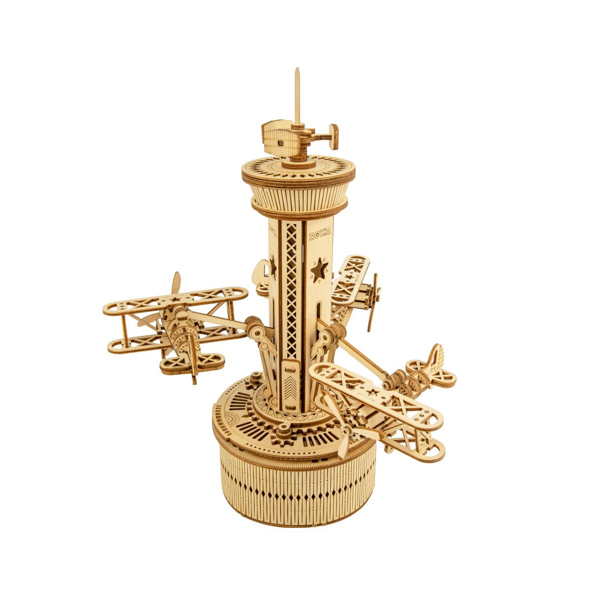 Muziekdoos Hout DIY 3D Puzzel Airplane Control Tower, Robotime, AMK41, 19,5x19,5x25,1cm