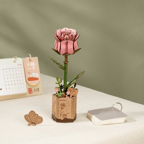 DIY Houten Bloem Pink Rose, Roze Roos, Robotime, TW041, 8,5x6,5x21cm