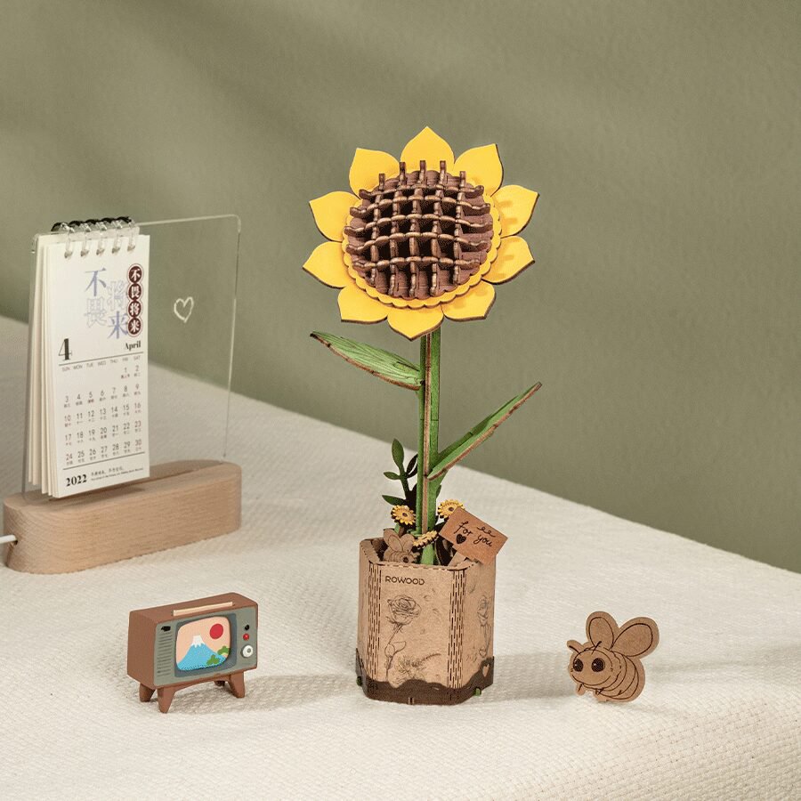 DIY Houten Bloem Sun Flower, Zonnebloem, Robotime, TW011, 9,5x8,5x23cm