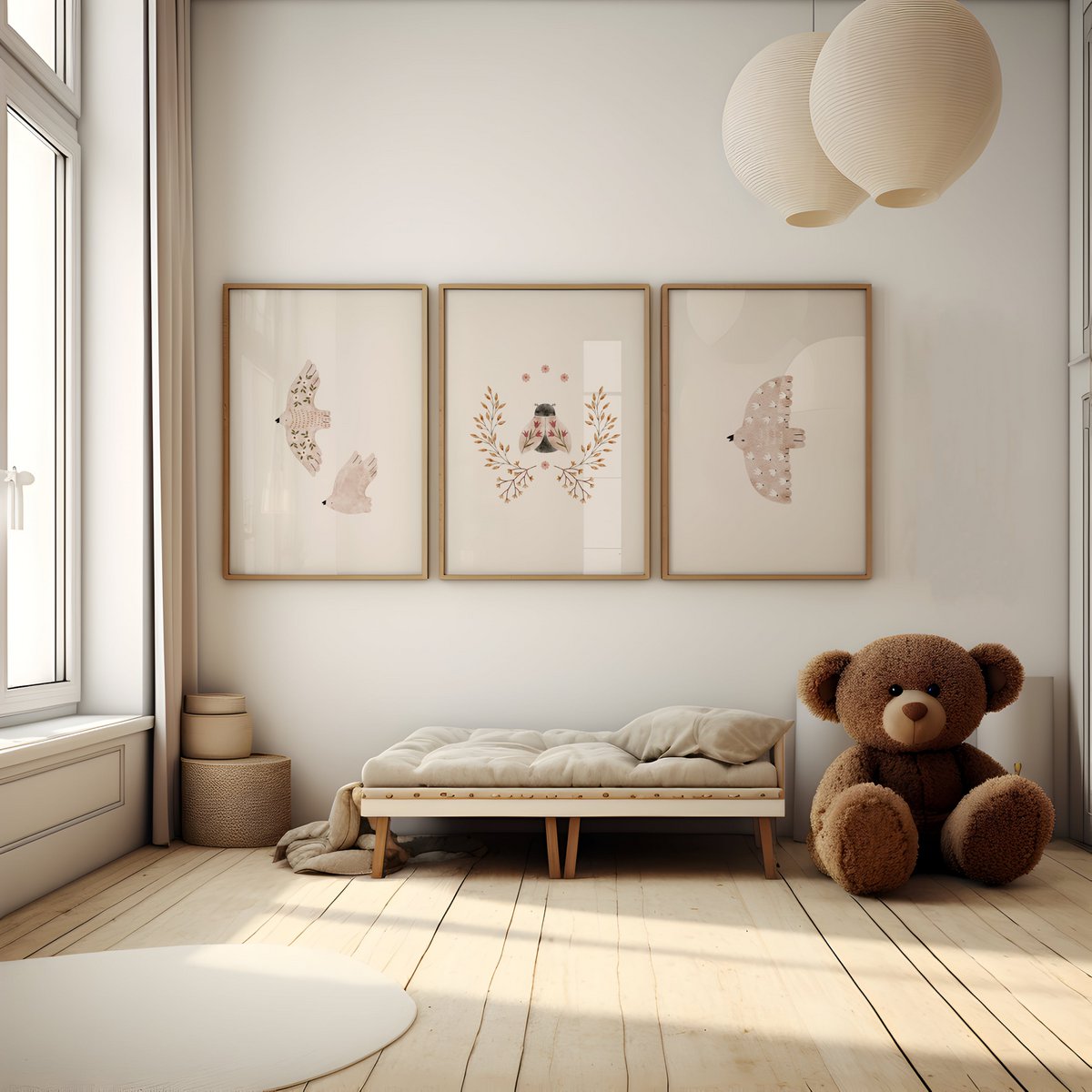 Set van 3 posters - Vogels, insecten en bloemen | Spring garden - Bloemen - Insecten - Kinderkamer poster - Babykamer poster - Wanddecoratie