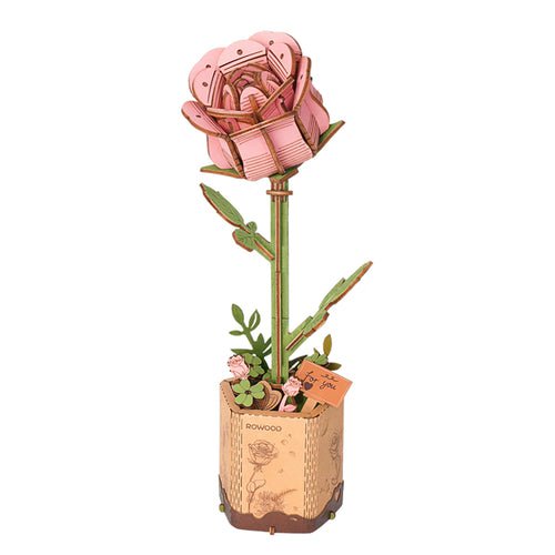 DIY Houten Bloem Pink Rose, Roze Roos, Robotime, TW041, 8,5x6,5x21cm