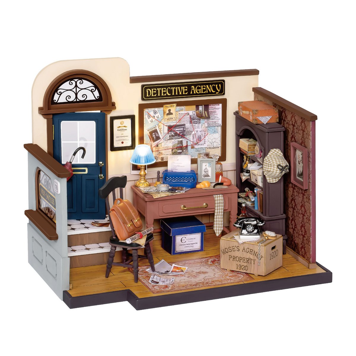 DIY Huisje Mose's Detective Agency met LED verlichting, Robotime, DG157, 20x12,8x15,8cm