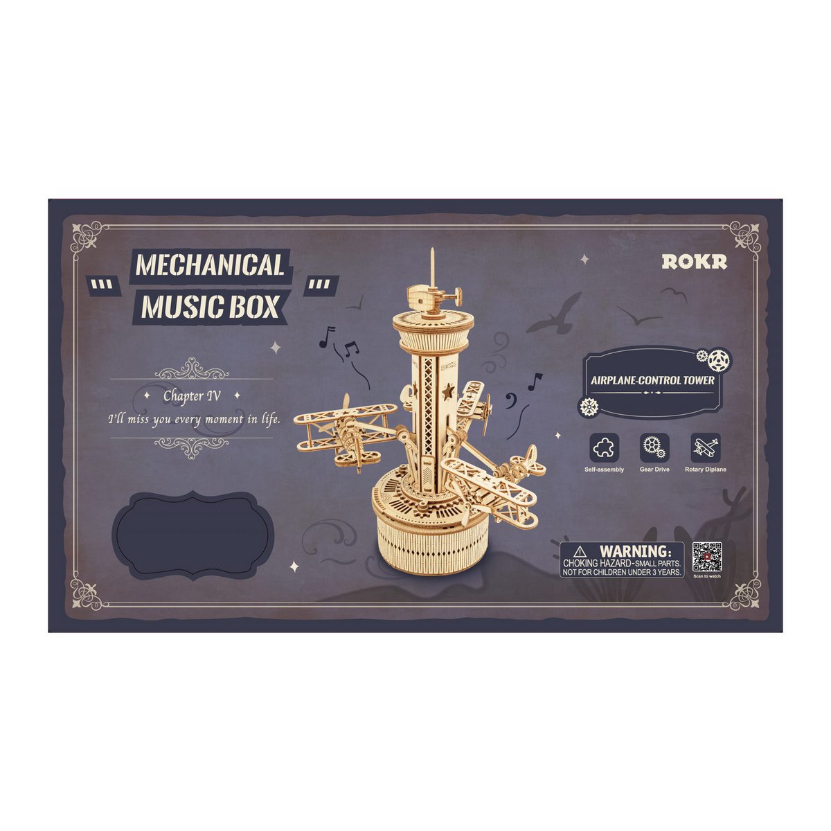 Muziekdoos Hout DIY 3D Puzzel Airplane Control Tower, Robotime, AMK41, 19,5x19,5x25,1cm