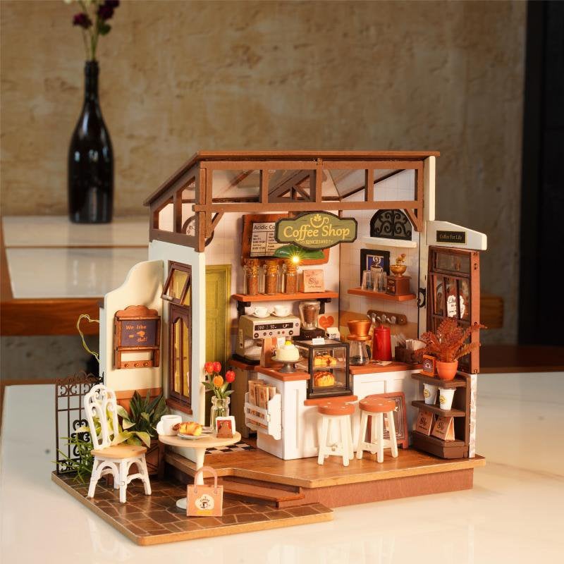 DIY Huisje Slow Life Café met LED verlichting, Robotime, DG162, 25x15x19,5cm