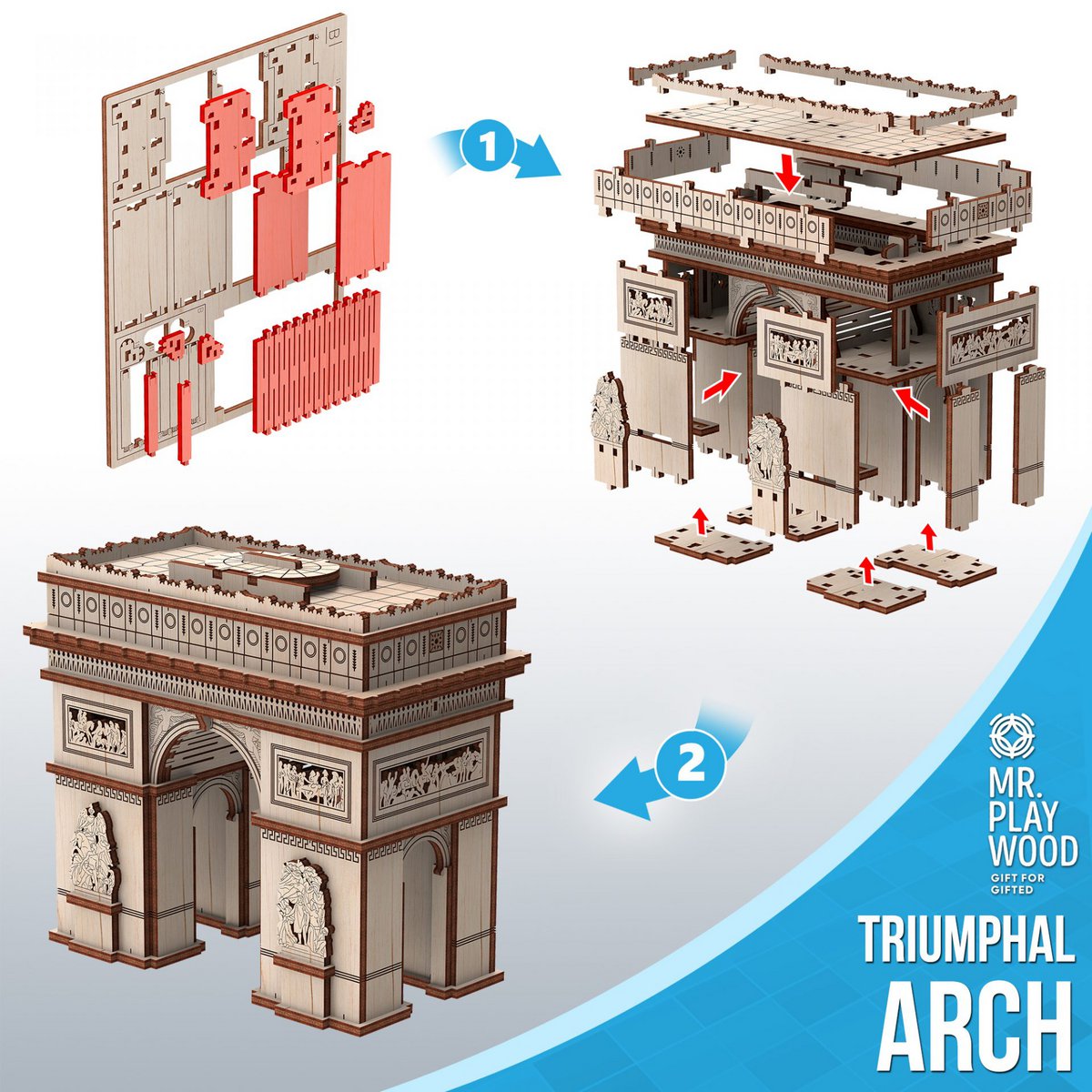 Mr. Playwood Triumphal Arch, 3D Houten Puzzel, DIY Knutselen, 10408, 16x10x17,8cm