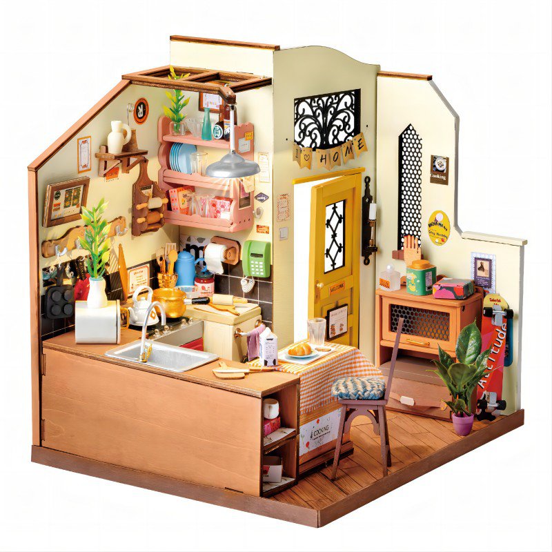 DIY Huisje Homey/Cozy Kitchen met LED verlichting, Robotime, DG159, 19x17,1x18,5cm